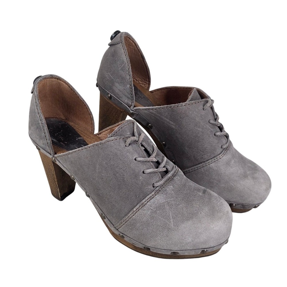 Sanita Grey Nubuck Leather Lace Up Clog Heel Shoes sz 37 US 6.5 Wood Sole Oxford